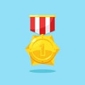 Gold medal with red ribbon for first place. Trophy, winner award isolated on background. Golden badge icon. Sport, business achiev Royalty Free Stock Photo